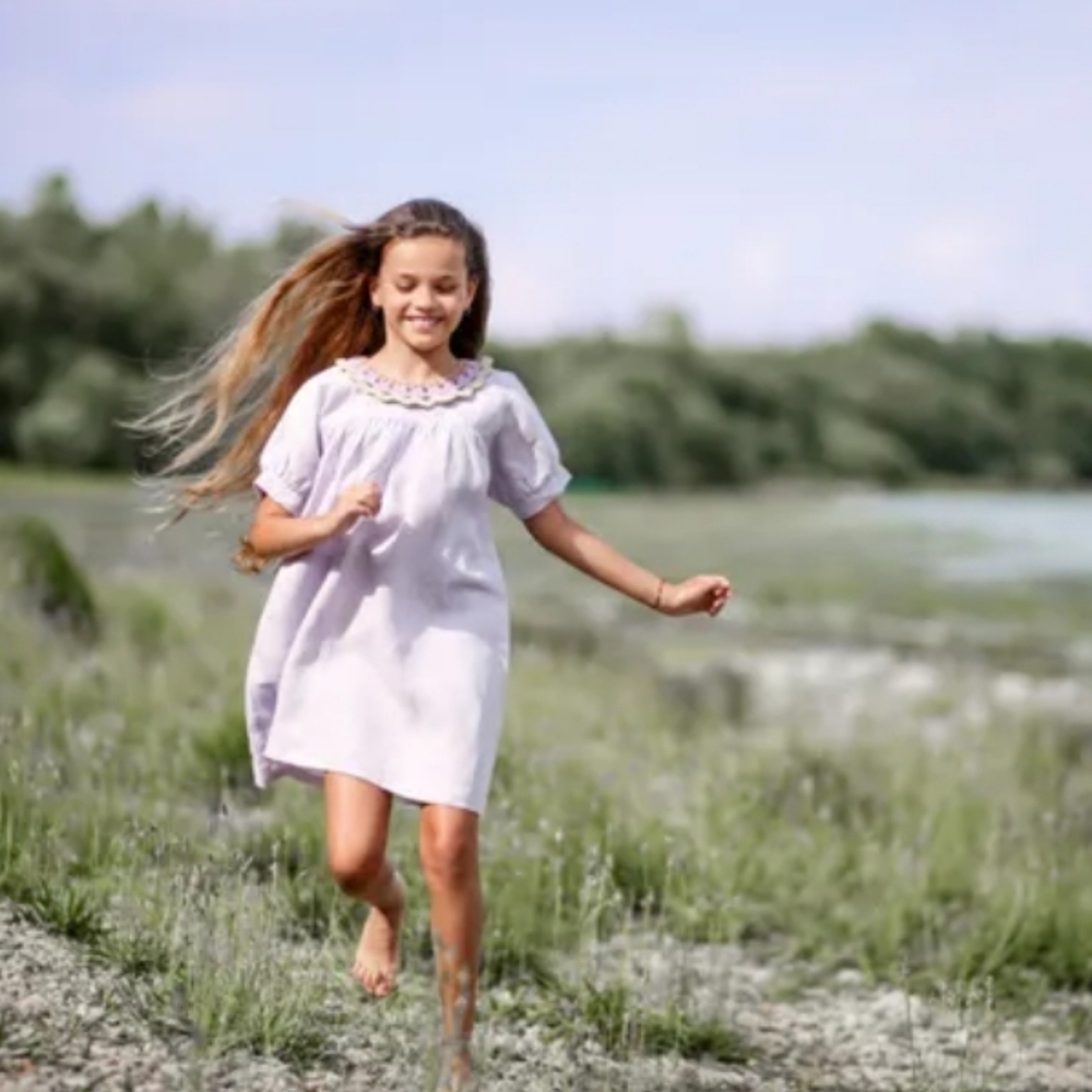 KALINKA MARIA LINEN DRESS WITH CROCHET COLLAR